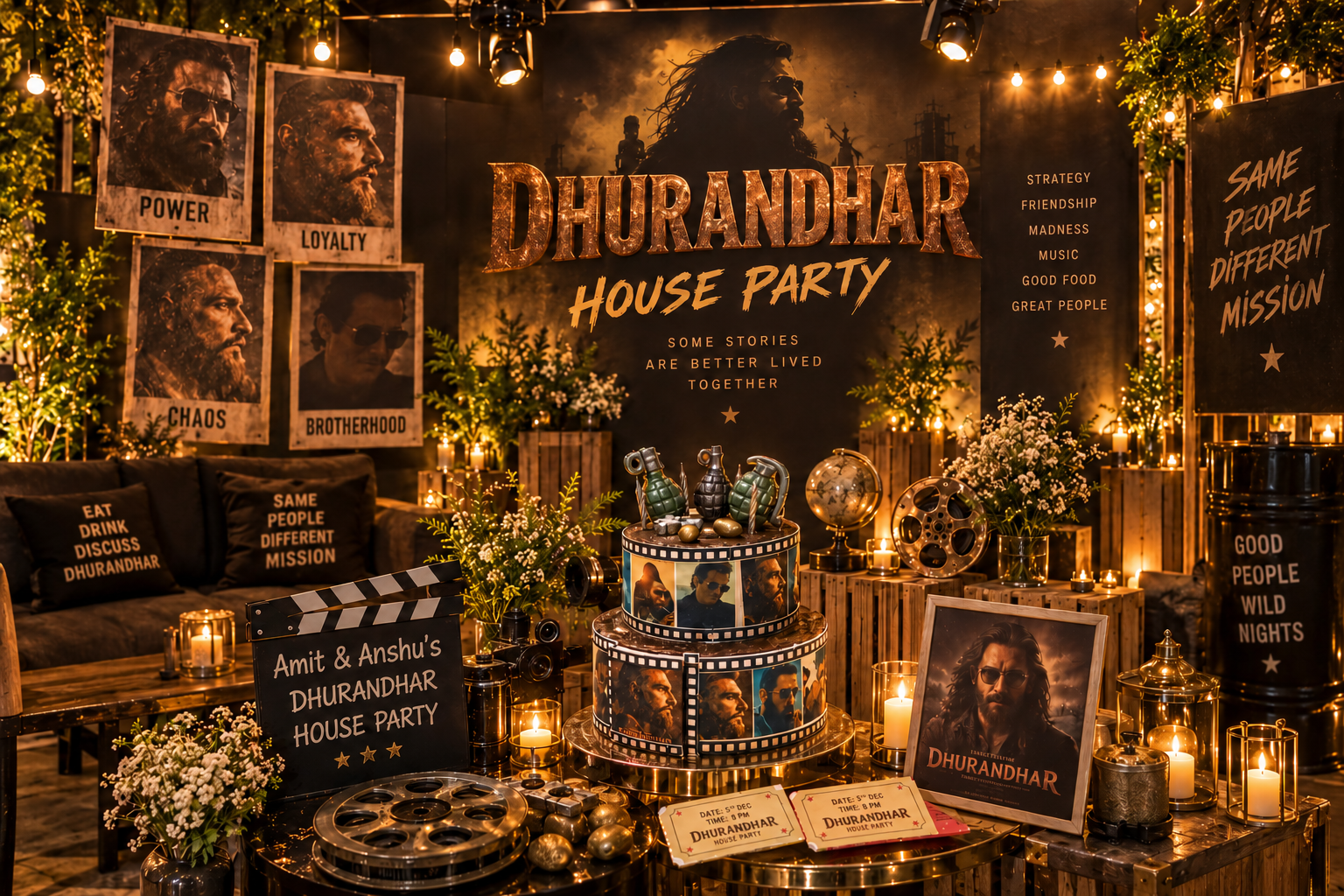 Cinematic Dhurandhar house party setup created by Tiara Events